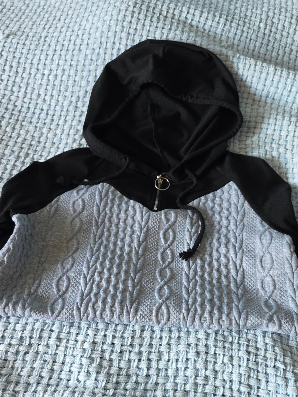 Black Hooded Sweater with Light Gray Cable Knit Panel